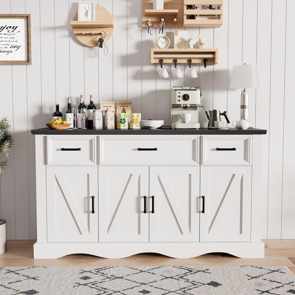 56' Buffet Cabinet Sideboard with Storage: Built-in Charging Station, Farmhouse Wood Coffee Wine Bar, Furniture with Drawers and Doors for Kitchen, Dining Room, Living Room, White