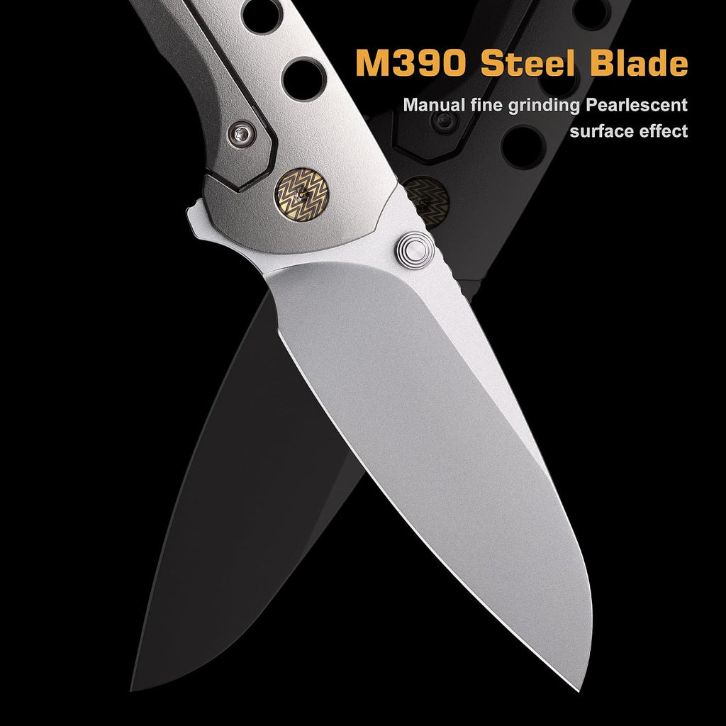 REMETTE Pocket Knife with Titanium Toothpick Manual Grinding Pearlescent Satin M390 Blade Titanium Handle Flipper Opener Thumb Stud Folding Knives for Men Women Gifts (RT-BEE)