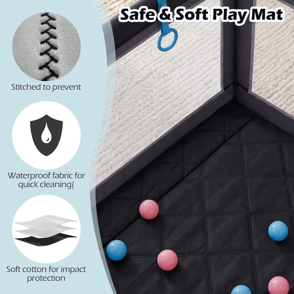 INFANS 74' x 62' Baby Playpen with Soft Mat, Basketball Hoop, 2 Soccer Goals, 4 Handles & 50 Ocean Balls, Breathable Mesh, Large Play Yard for Toddlers (Grey Black)