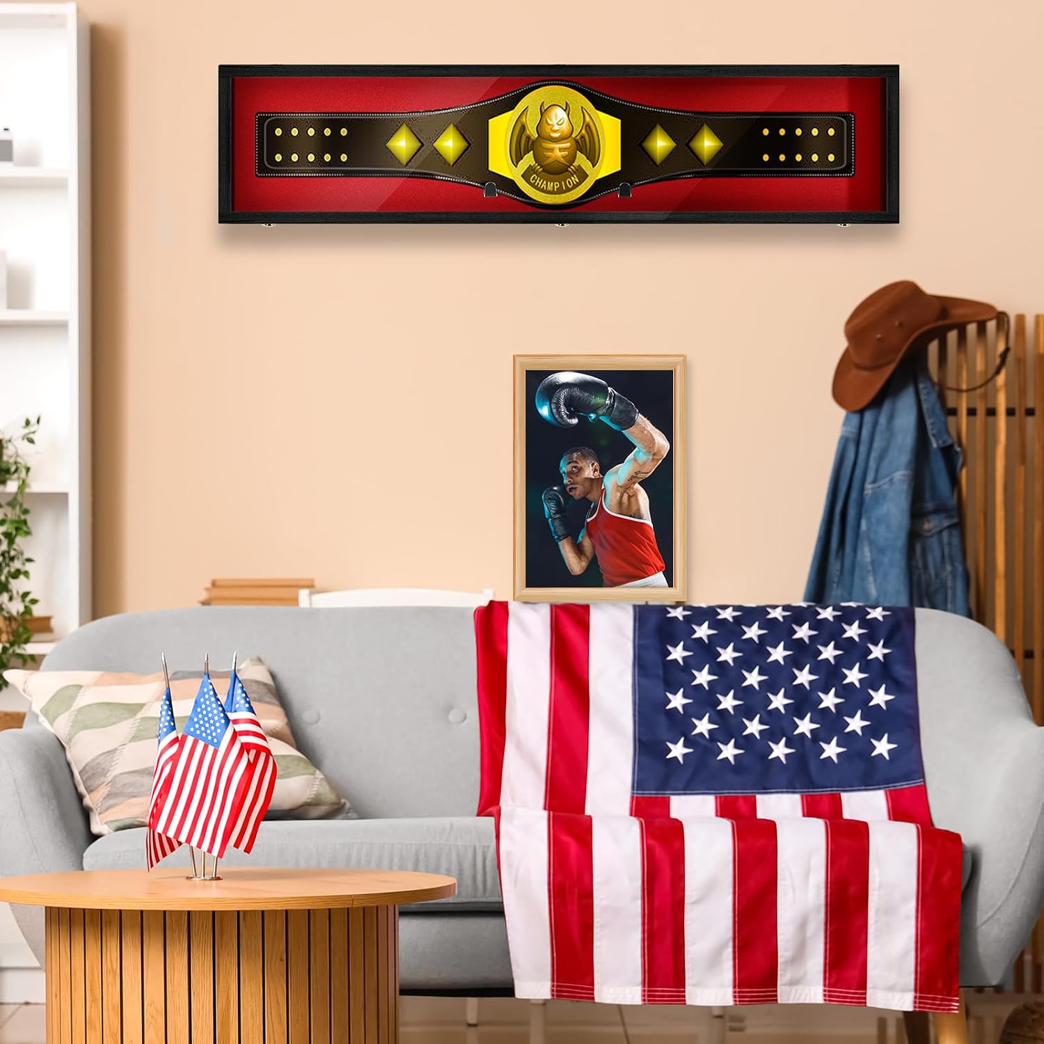 Silipull 54' Wrestling Championship Belt Display Case Championship Wrestling Belt Wall Mount Wooden Display Case Cabinet W/98% UV Acrylic Door Lockable Box for Christmas Collectors Gift