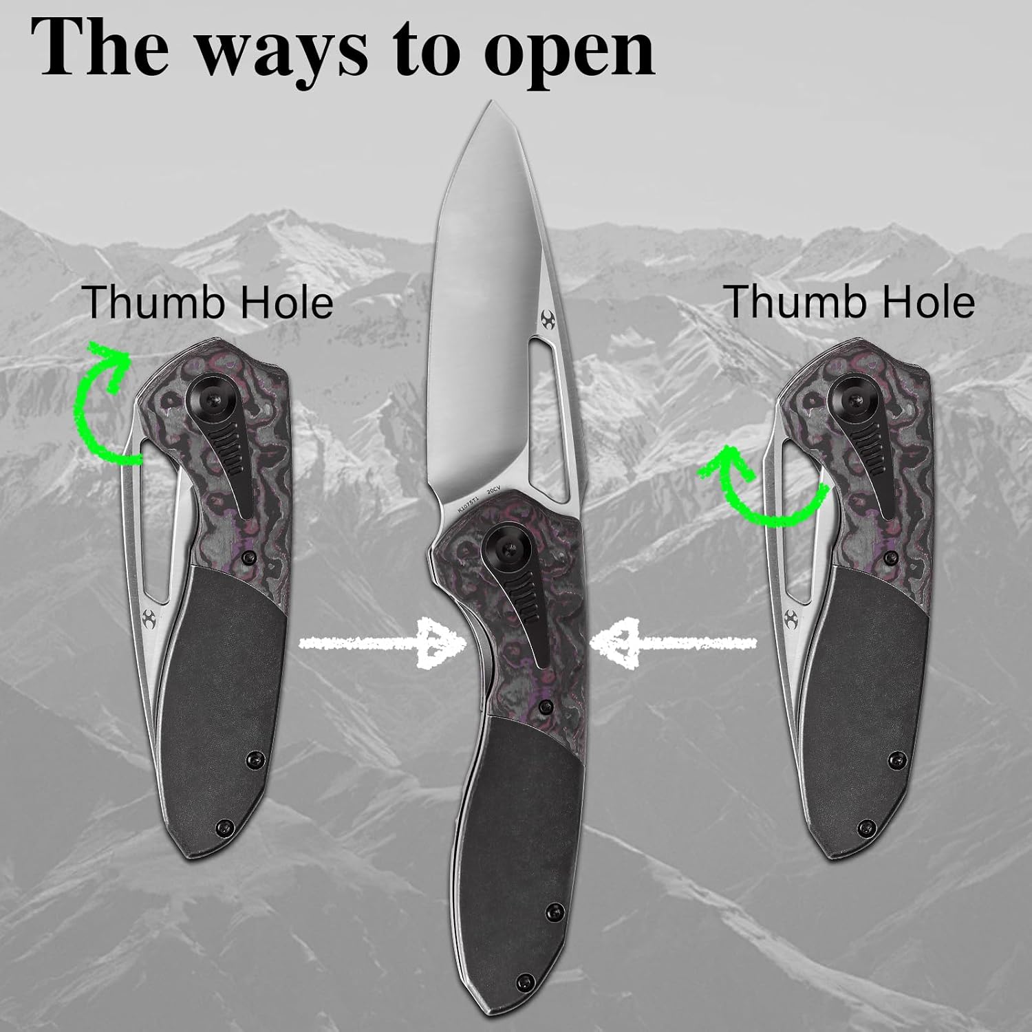 KANSEPT Thoth Camping Pocket Knives for Men 8.05in Folding Knives with 3.43in Satin CPM 20CV Material and Blackwash Titanium Purple Haze Carbon Fiber Handle for Outdoor,Tactical,Survival K1075T1