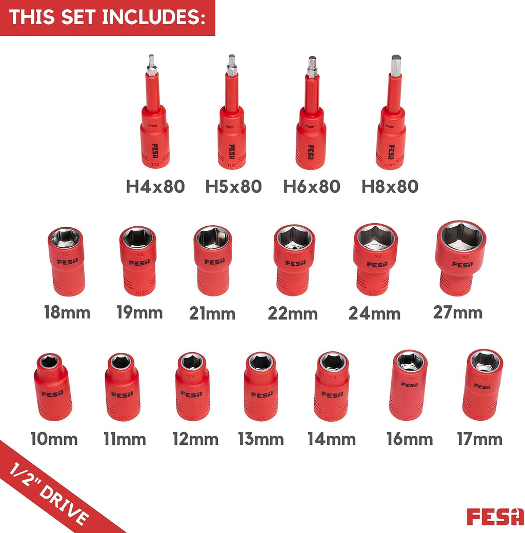 FESA Electrician Insulated Socket Set - 1000V 20-Piece Professional Insulated Ratchet & Socket Wrench Set (1/2' Drive) w/ 4 Hex Bits, T-Handle & Extension - 1000 Volt Insulated Tools for Electricians