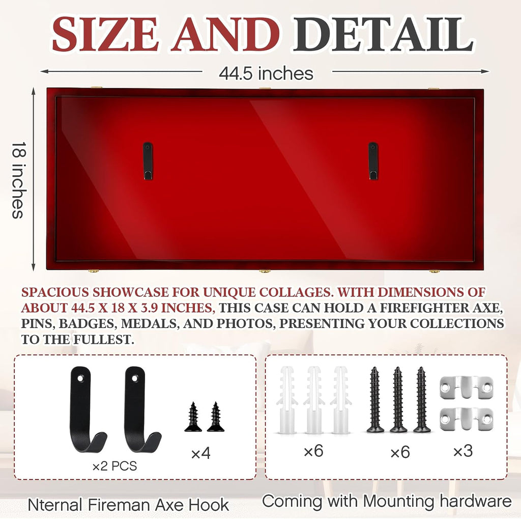 Silipull 44.5'' Firefighter Fireman Axe Display Case Wooden Wall Mount Storage Display Rack with Hanger Stand Lock W/ 98% UV Protection Acrylic Clear Door for Retired Firefighter Collector Memorabilia