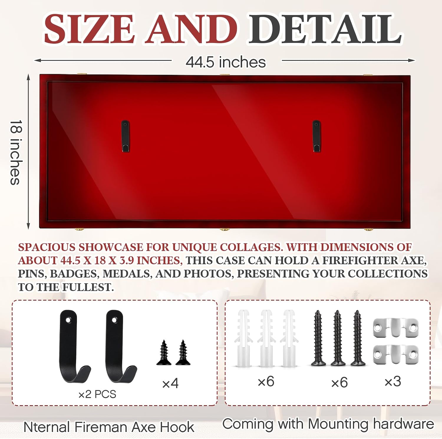 Silipull 44.5'' Firefighter Fireman Axe Display Case Wooden Wall Mount Storage Display Rack with Hanger Stand Lock W/ 98% UV Protection Acrylic Clear Door for Retired Firefighter Collector Memorabilia