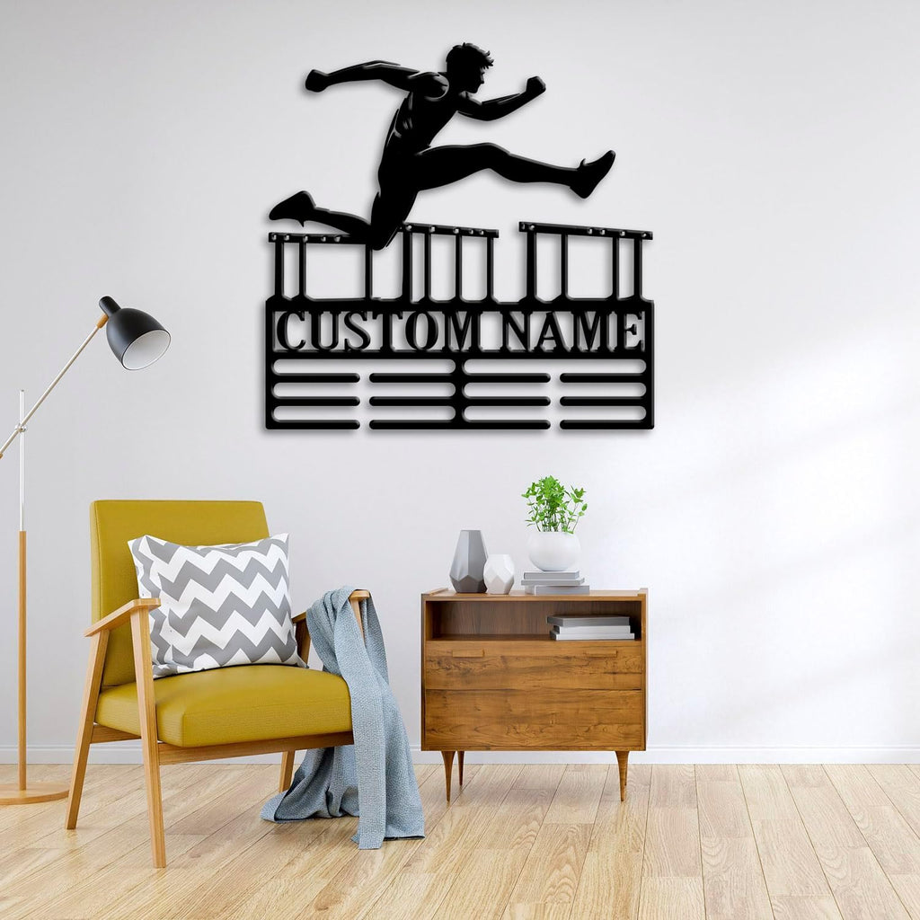 Custom Hurdles Running Medal Holder LED Light, Hurdle Runner Name Medal Hanger Display, Rack For Tiered Award Ribbon, Metal Sign Gift For Athlete Artwork