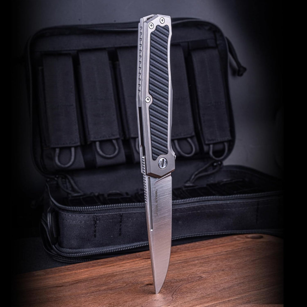 REALSTEEL Knives Rokot Premium Frame Lock Flipper Knife (S35VN Satin Drop Point Blade) Titanium TC-4 Handle with Black G10 Inlays