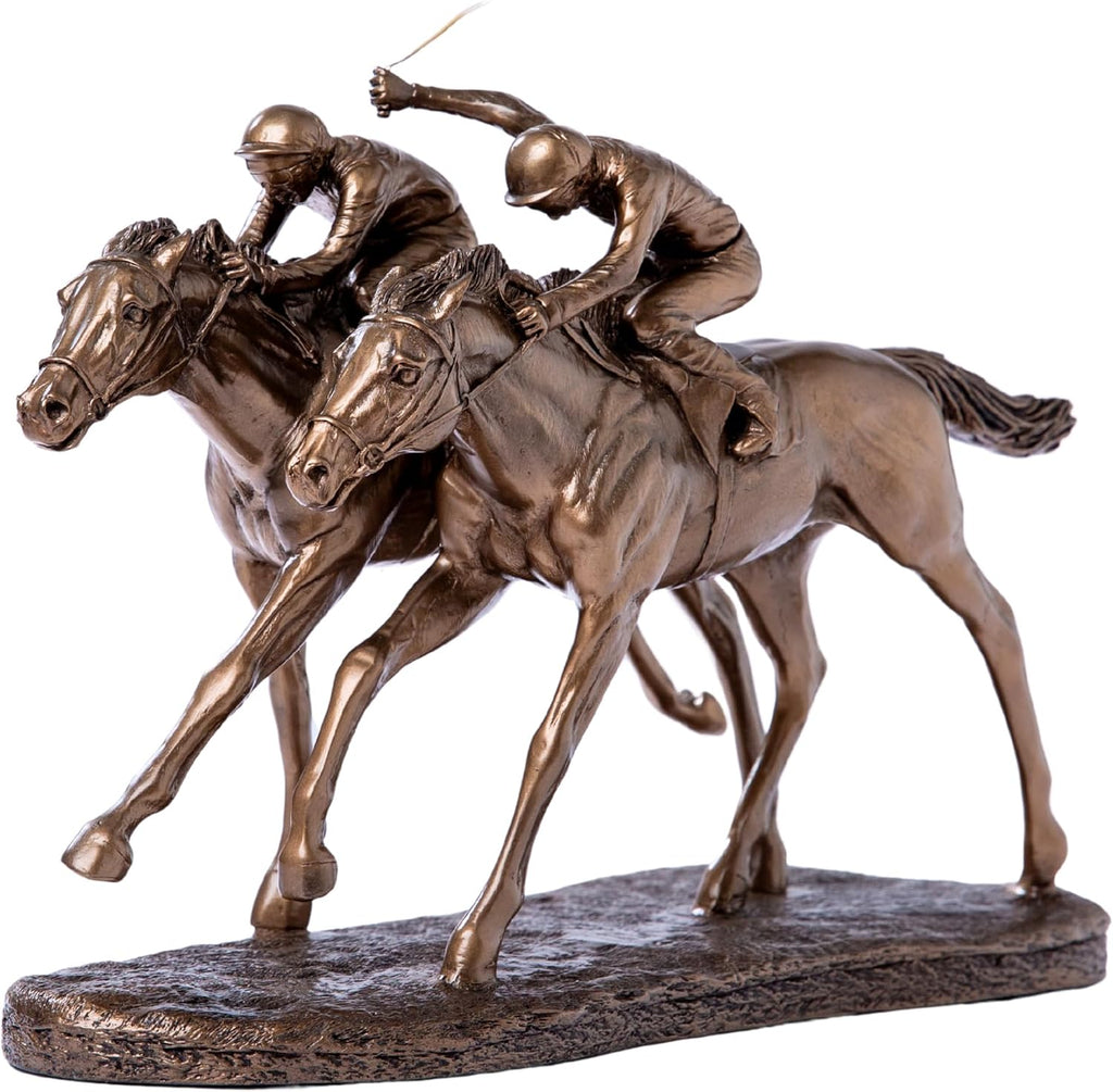 Modern Jockeys Horse Racing Bronze Resin Sculpture - Sleek Equestrian Art, Handmade Home Decor, Unique Gift for Horse Racing Fans, Sports Art Collectors-11.8 x 5.1 x 9.8 in (Bronze)