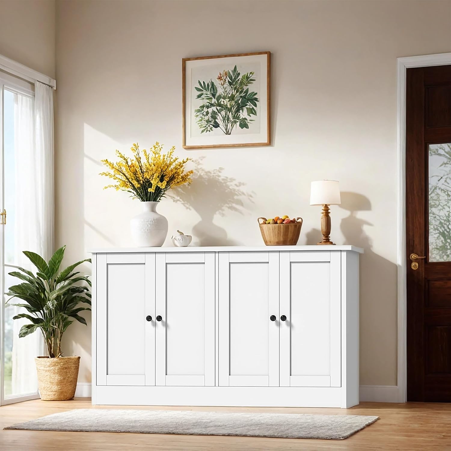holzart White Buffet Cabinet with Storage, 49' Modern Kitchen Sideboard with 4 Doors & Adjustable Shelves, Wood Coffee Bar Cabinet Console Table for Dining Room, Living Room, Entryway