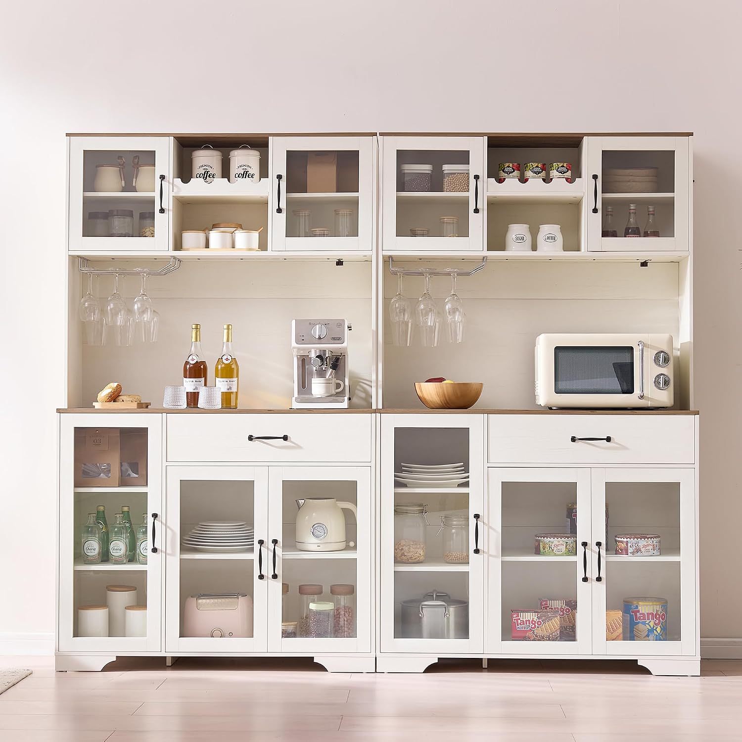 Fatmok 71' Tall Pantry Cabinet with Glass Doors, Kitchen Hutch Storage Cabinet, Coffee Bar & Liquor Cabinet with Charging Station & LED Lights, Wine Rack, Adjustable Shelves & Large Drawer, White