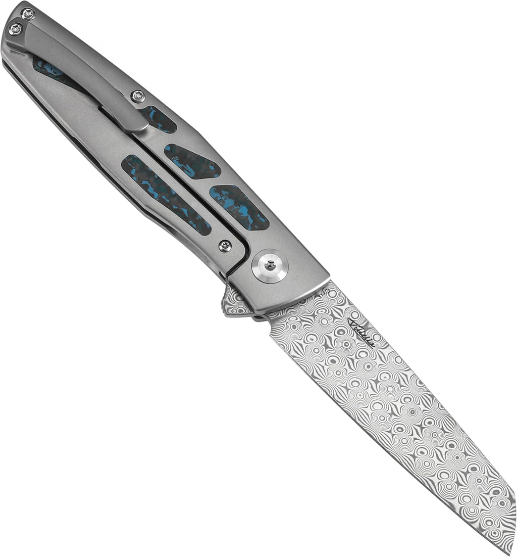 KANSEPT Cru Camping Pocket Knives for Men 8.19' Folding Pocket Knives with 3.46' Damascus and Purple Plain Titanium & Artic Storm Fatcarbon Handle for Outdoor, Tactical, Survival K1092A3