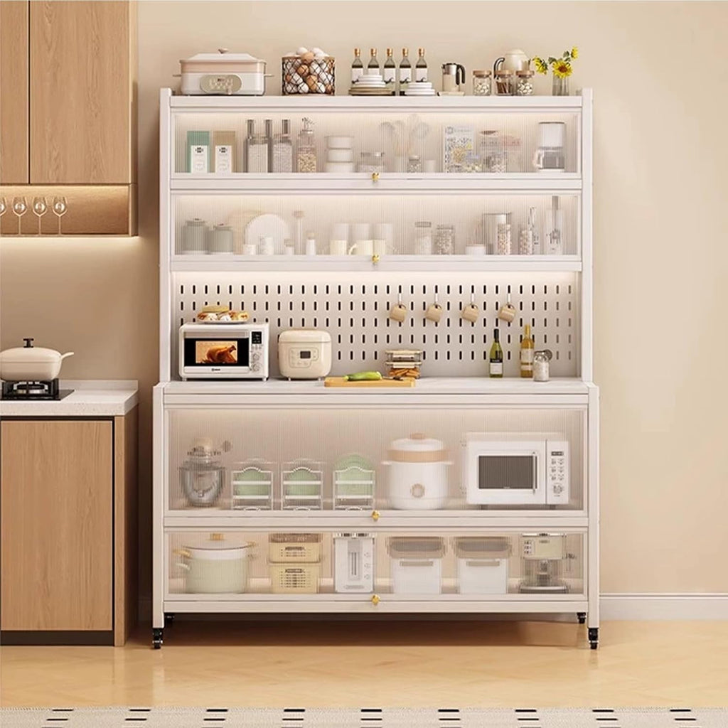Kitchen Baker's Rack with Flip Door Cabinet, 6-Tier Microwave Stand 4 Hooks, Kitchen Storage Rack, for Home, Office, Pantry(White,60cm)