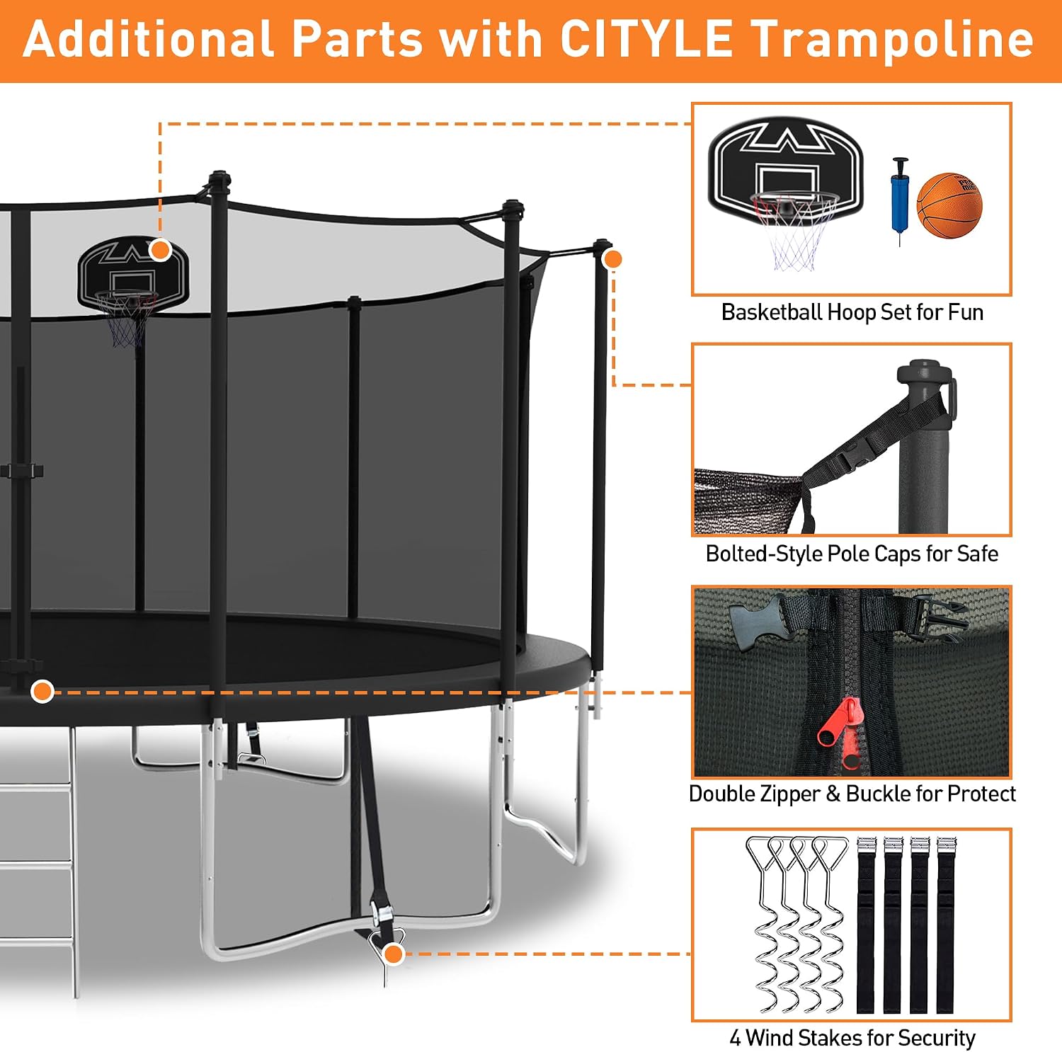 1500LBS Capacity No-Gap Design 8 10 12 14 15 16 FT Recreational Jumper with Enclosure Net, Wind Stakes & Basketball Hoop, ASTM Approved, Perfect for Kids & Adults Family Outdoor Backyard Fun