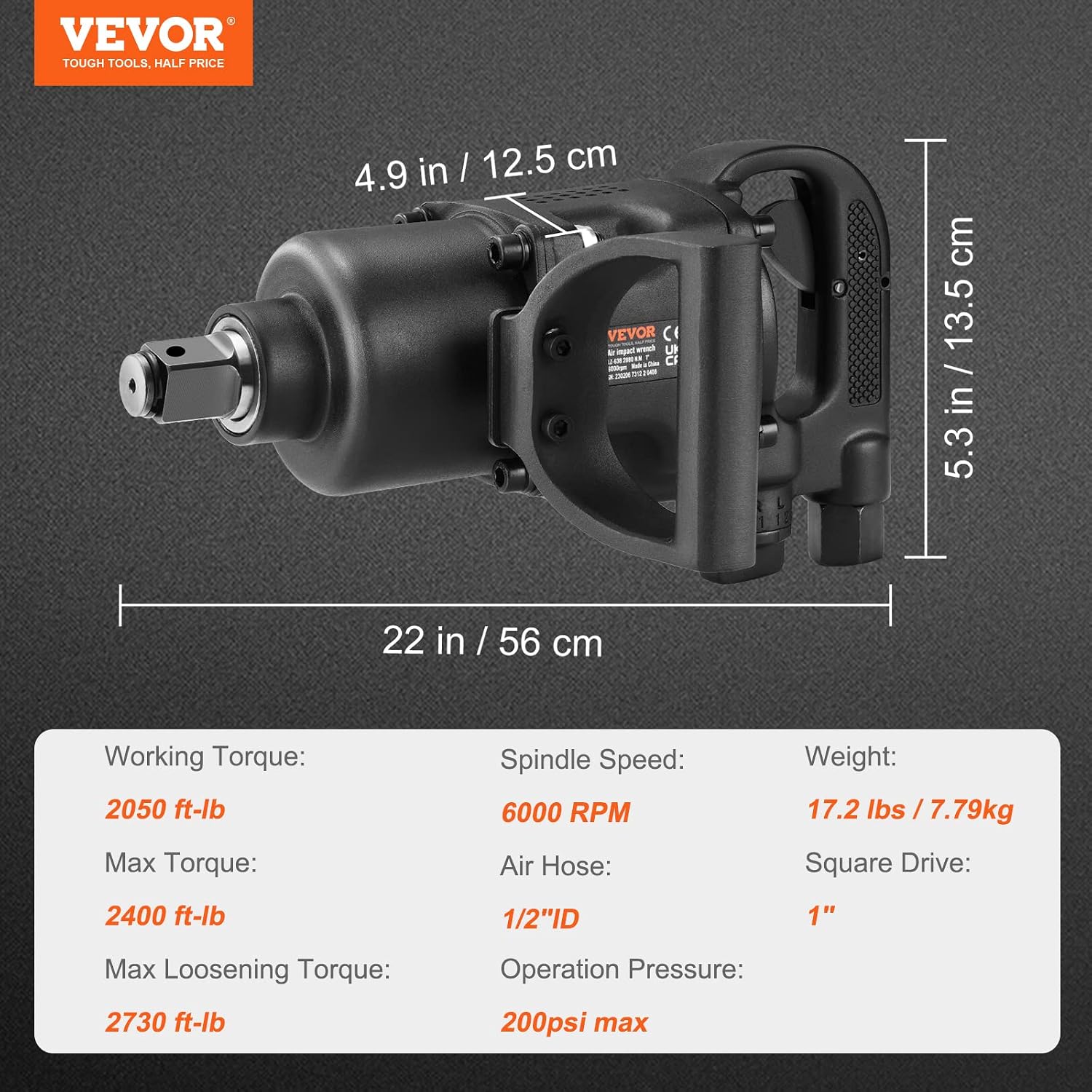 VEVOR 1 Inch Air Impact Wrench, Up to 2730 ft-lbs Reverse Torque Output 1' Pneumatic Impact Gun Lightweight w/ 2 Handles for Heavy Duty Repairs and Maintenance
