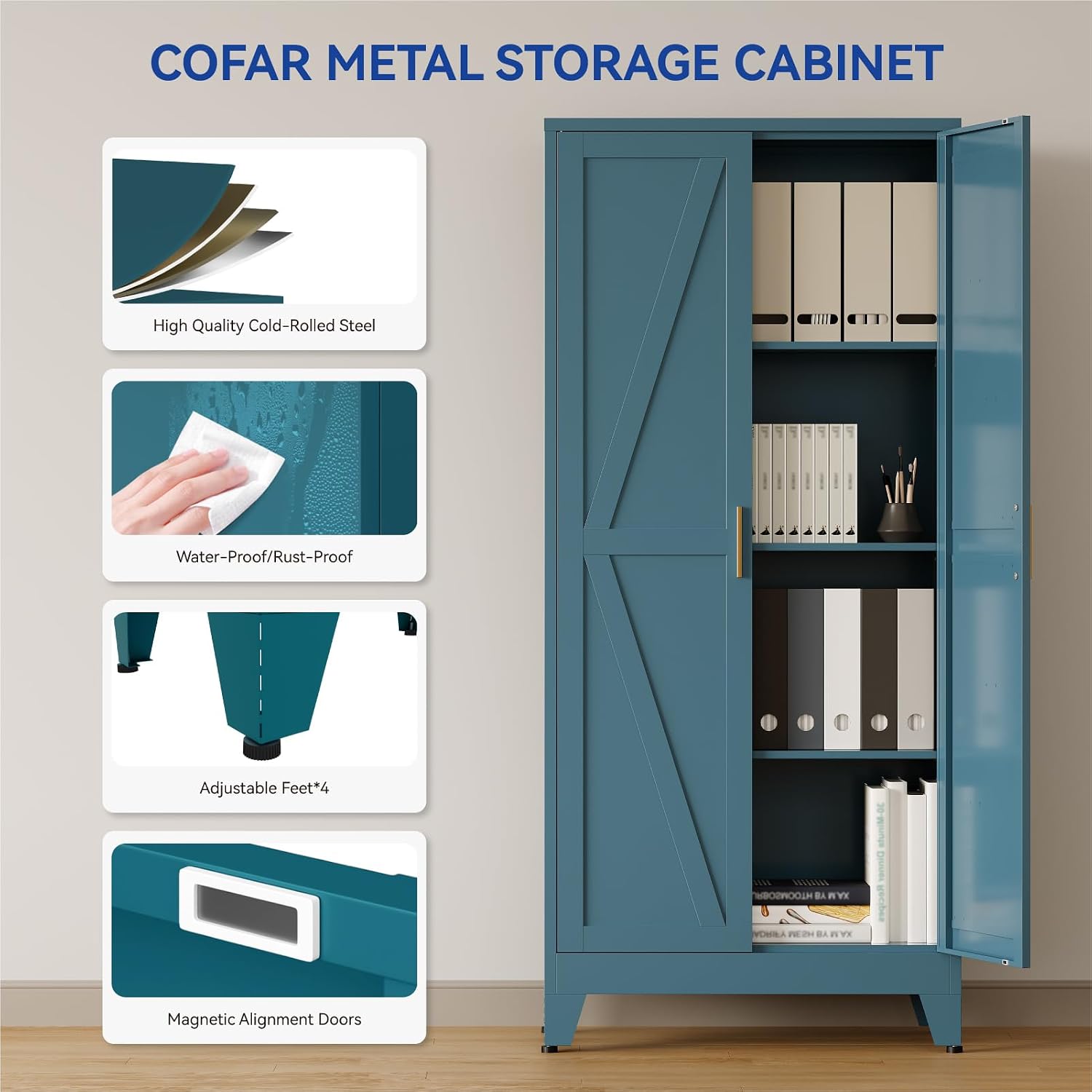 COFaR Metal Pantry Cabinet with Doors, Farmhouse 61'' Tall Storage Cabinet with 3 Adjustable Shelves, Kitchen Pantry Cabinet for Dinning Room, Laundry, Peacock Blue 4-Tier