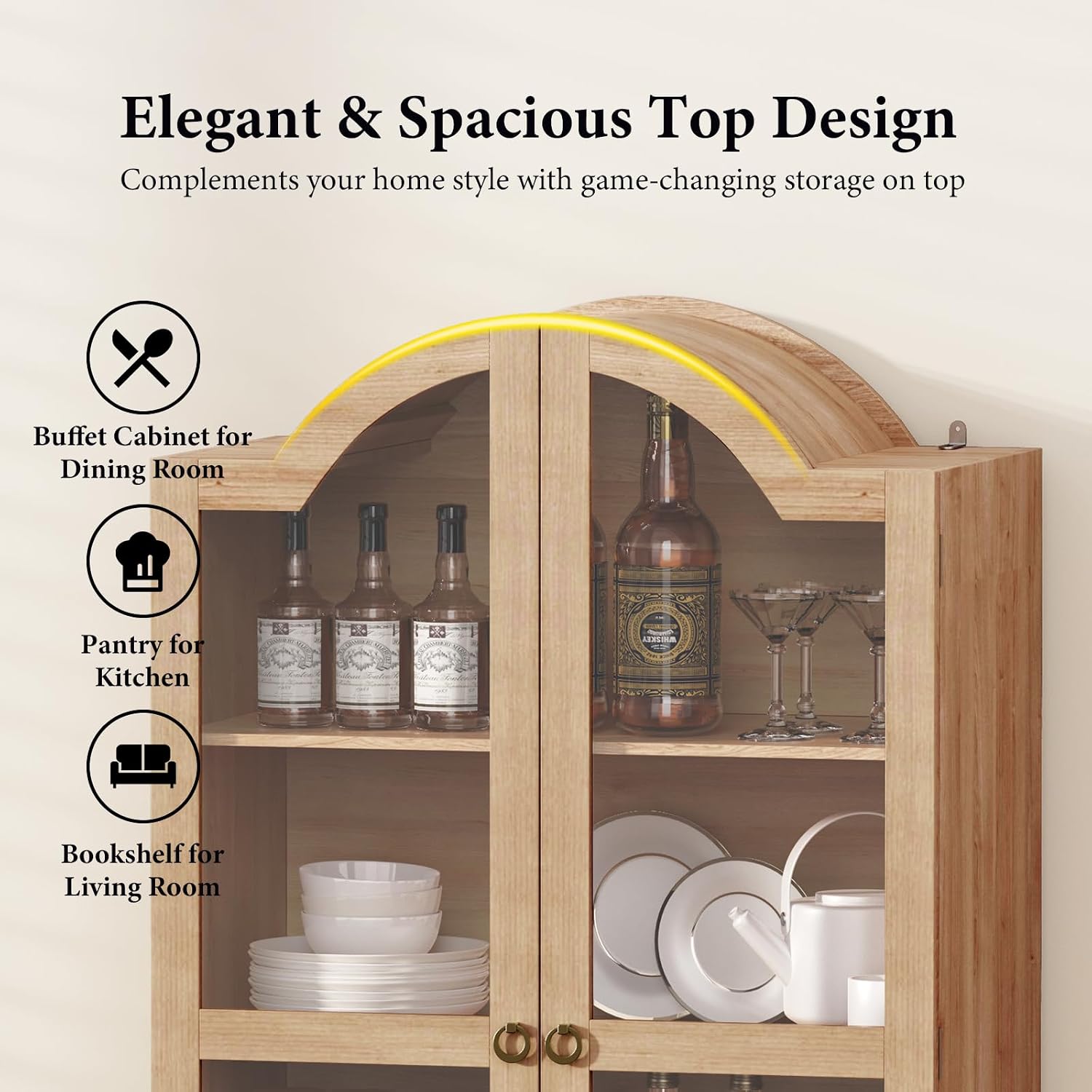 EasyCom 71 Tall Arched Cabinet, Farmhouse Wood Pantry Cabinet with 2 Large Drawers, 4-Tier Kitchen Storage Cabinet with Adjustable Shelf & Magnetic Clasp Doors for Living Room, Dining Room, Natrual