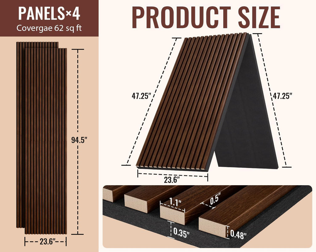 PrimeZone Wood Acoustic Wall Panels - 4 PCS 94.5' x 23.6' (62 sq ft) 3D Fluted Slat Sound Proof Wall Paneling, Sound Absorbing & Noise Reduction Interior Decor Panels for Living Room, Bedroom, Walnut