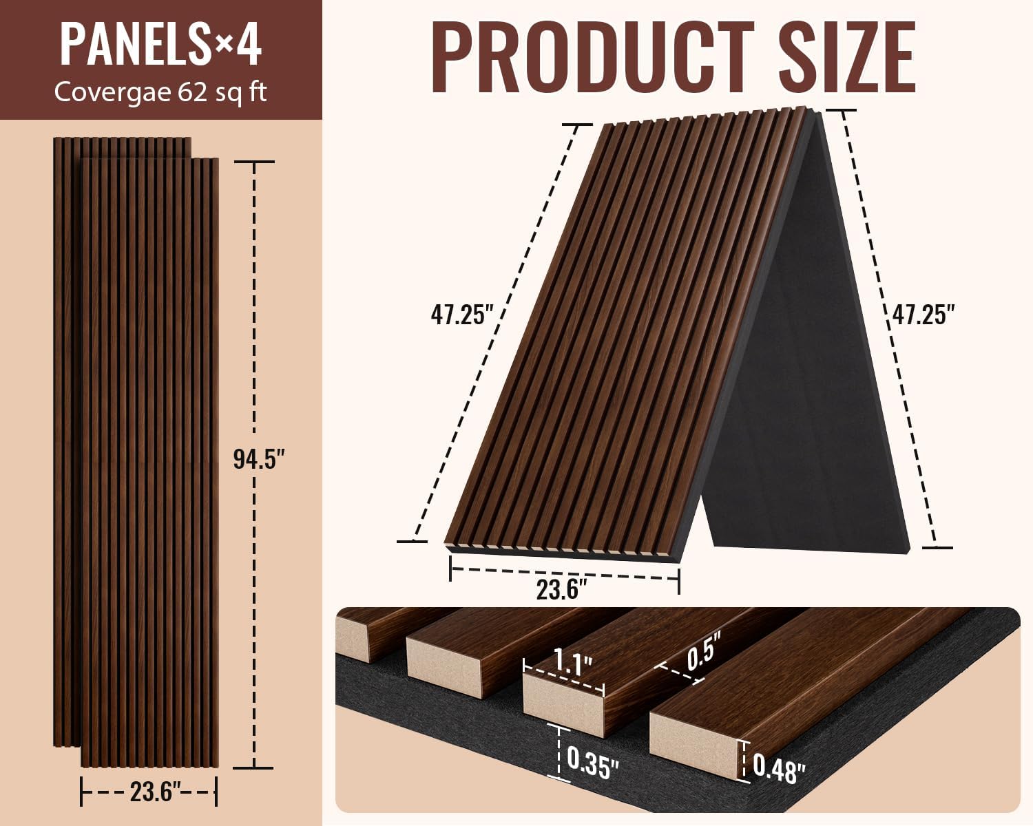PrimeZone Wood Acoustic Wall Panels - 4 PCS 94.5' x 23.6' (62 sq ft) 3D Fluted Slat Sound Proof Wall Paneling, Sound Absorbing & Noise Reduction Interior Decor Panels for Living Room, Bedroom, Walnut