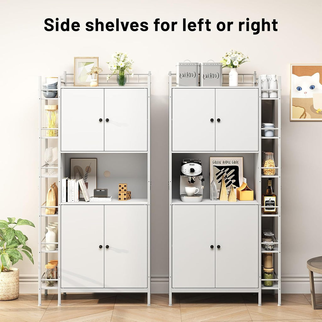 Industrial Style White Kitchen Pantry Cabinet, Tall Kitchen Hutch with Microwave Stand, Food Storage Cabinet with 6 Side Shelves and 2 Doors for Dining Room, and Living Room