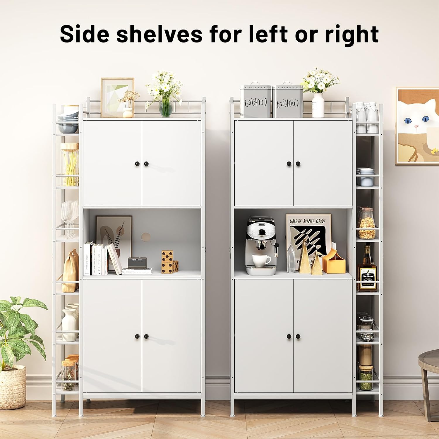 Industrial Style White Kitchen Pantry Cabinet, Tall Kitchen Hutch with Microwave Stand, Food Storage Cabinet with 6 Side Shelves and 2 Doors for Dining Room, and Living Room