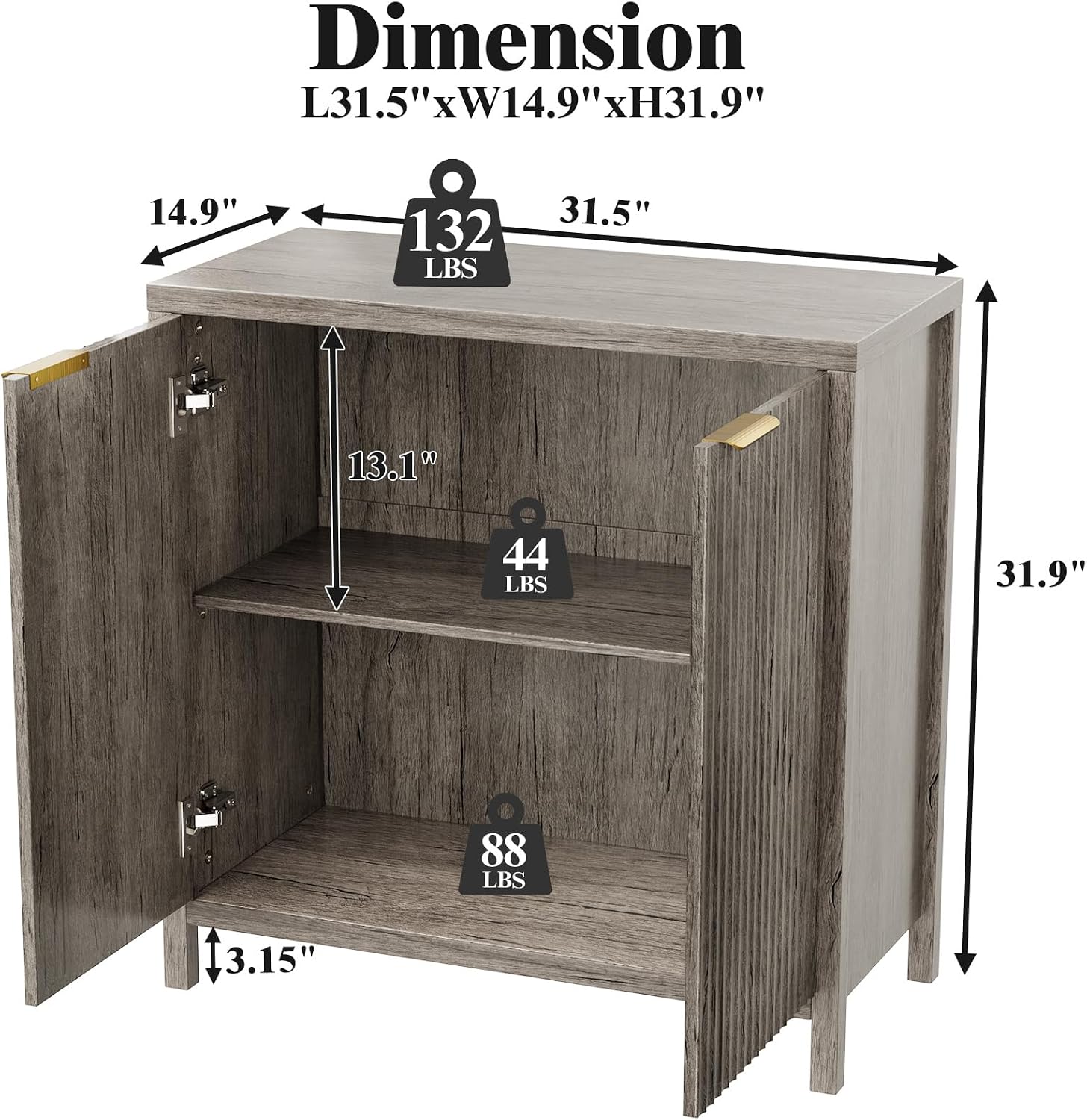 Sideboard Buffet Cabinet Set of 2, 31' Fluted Storage Cabinet with 2 Doors and Adjustable Shelves, Modern Sideboard Console Table for Living Room,Entryway,Dinning Room,Kitchen-Grey