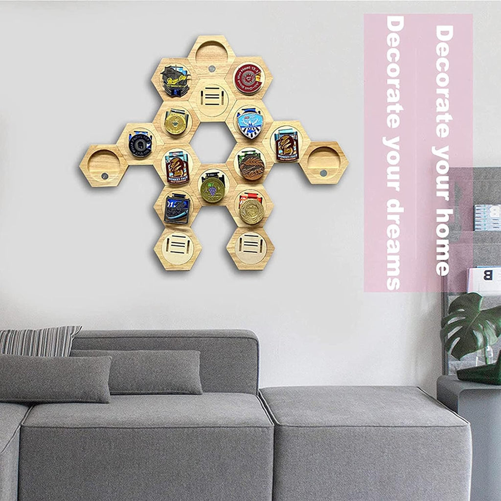 Hexagonal Medal Display Frame 24Pcs/Set Wood Medal Hanger Display Box Punch-Free Creative Stitching Sports Medal Holder, for Military/War/Sports Medal,18PCS