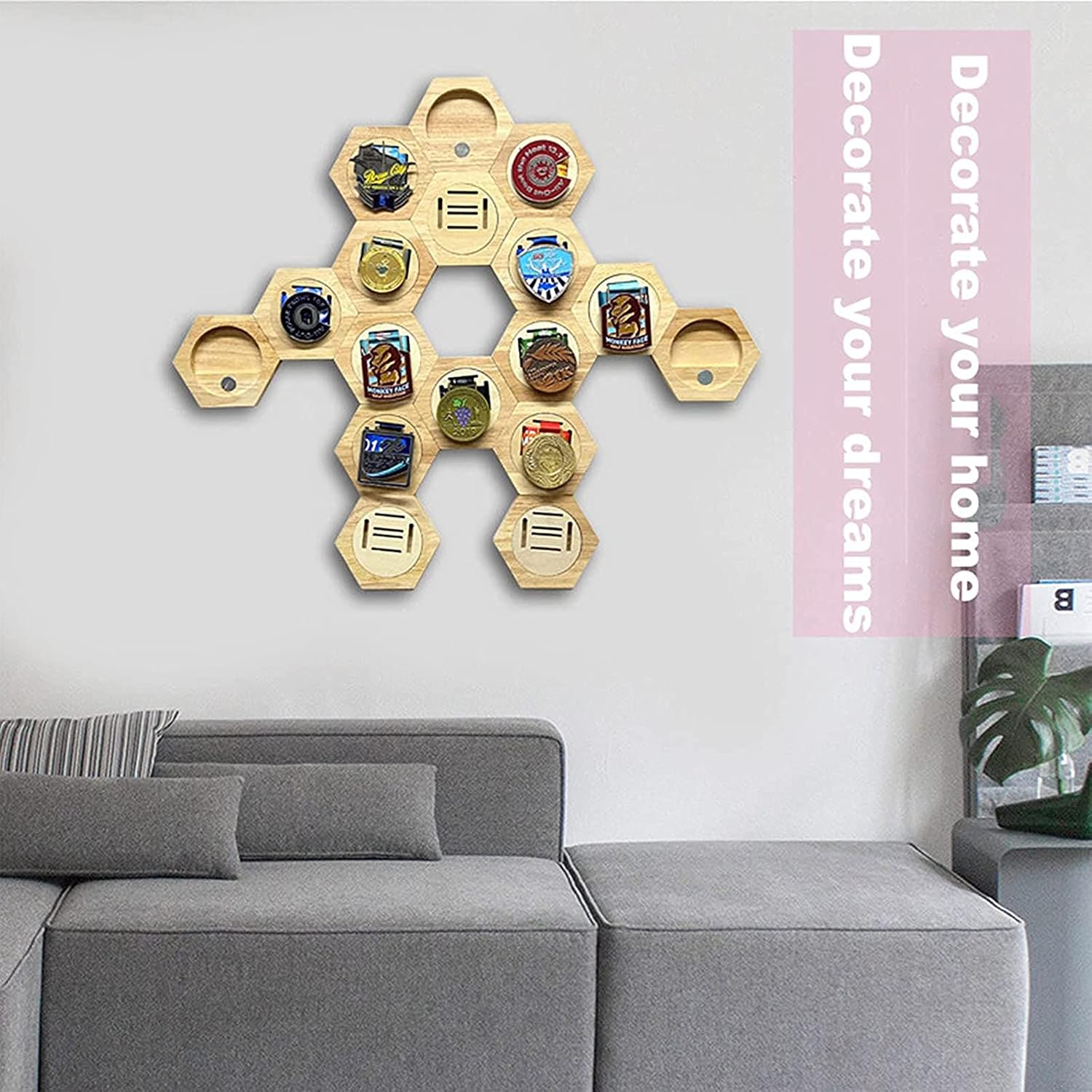 Hexagonal Medal Display Frame 24Pcs/Set Wood Medal Hanger Display Box Punch-Free Creative Stitching Sports Medal Holder, for Military/War/Sports Medal,18PCS