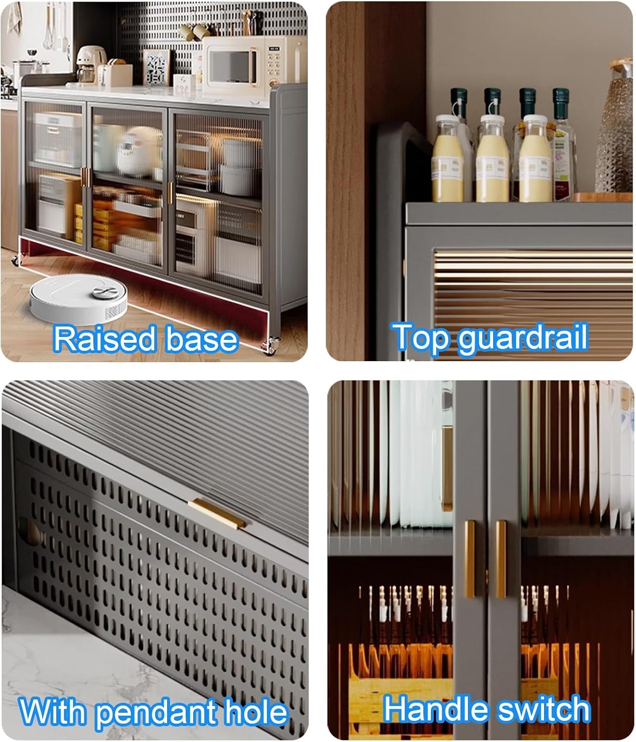 Bakers Racks for Kitchens with Storage, Kitchen Storage Cabinet, Large Bakers Rack with Cabinet, with Wheels and Hooks(White,70cm)