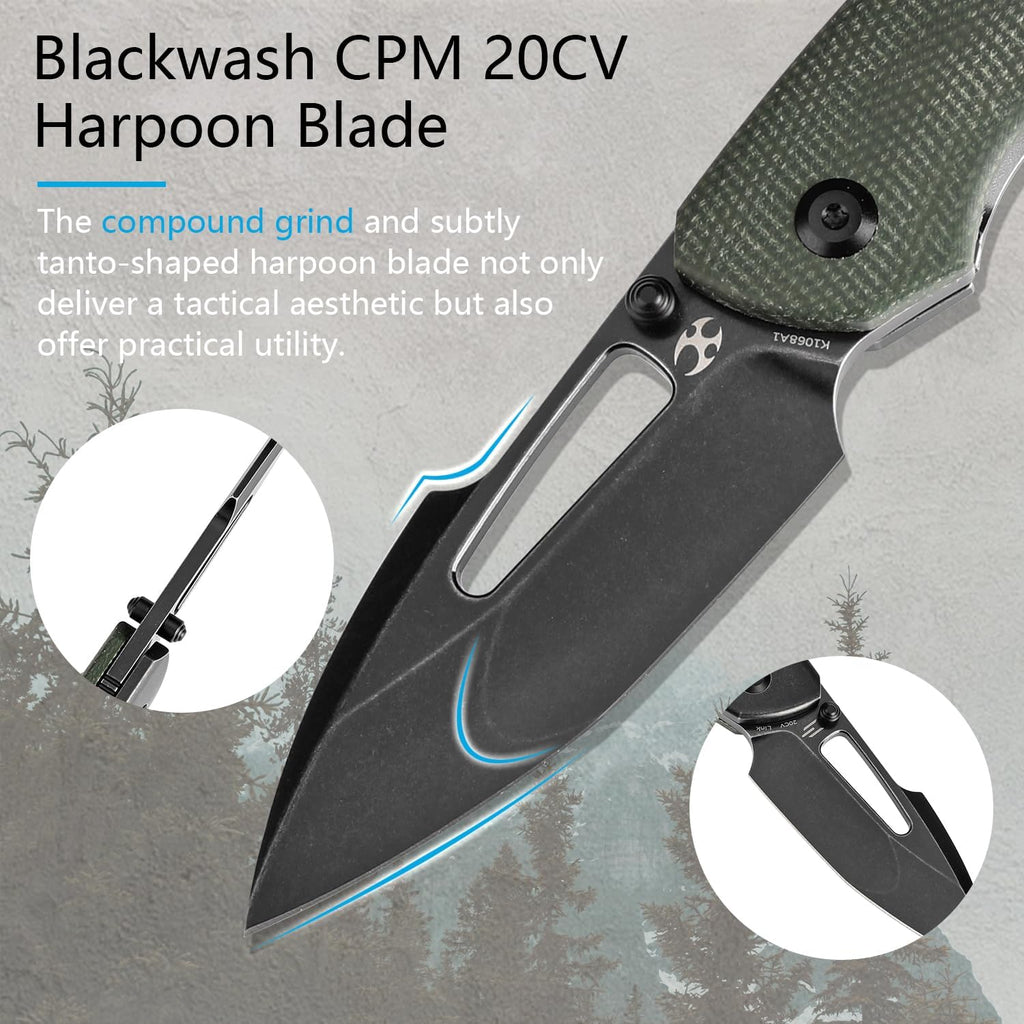KANSEPT Link Pocket Folding Knives EDC Camping Hiking Folding Knife for Men Women 3'' Blackwash CPM 20CV Blade with Green Micarta Blackwash Titanium with Frag Pattern Handle Everyday Carry K1068A1