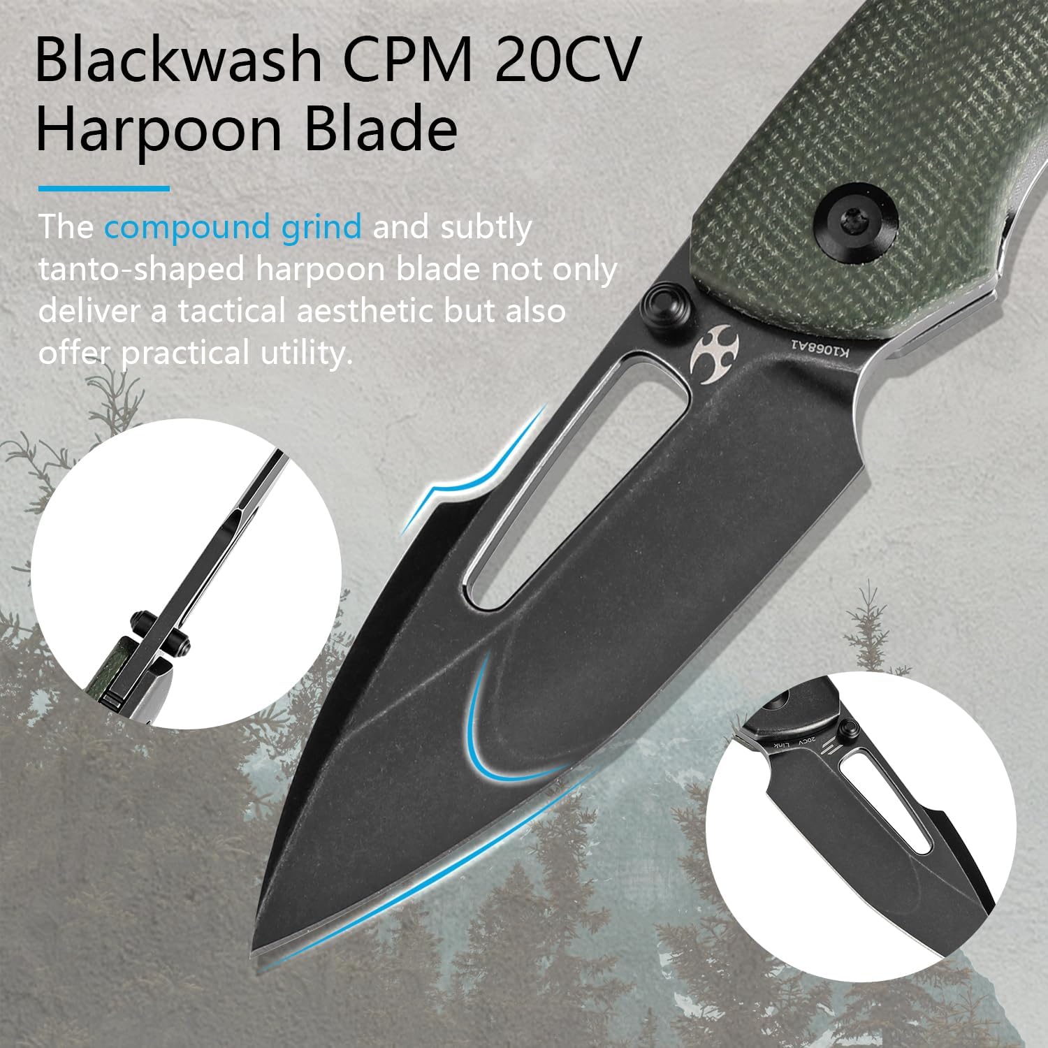 KANSEPT Link Pocket Folding Knives EDC Camping Hiking Folding Knife for Men Women 3'' Blackwash CPM 20CV Blade with Green Micarta Blackwash Titanium with Frag Pattern Handle Everyday Carry K1068A1