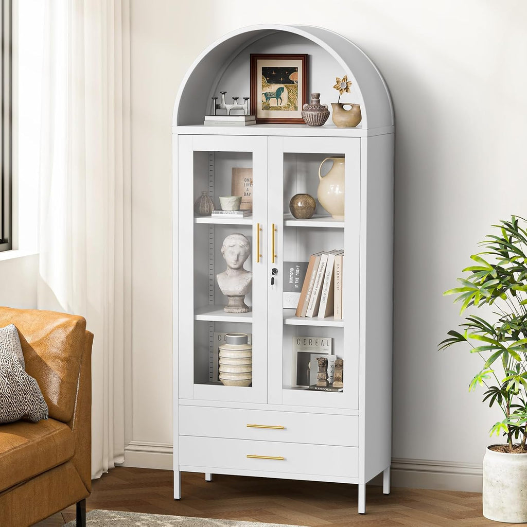 Holiwei Metal Storage Cabinet, 73' Arched Kitchen Pantry Organizer with 2 Drawers & 2 Adjustable Shelves, Freestanding Display Cabinet for Living Room