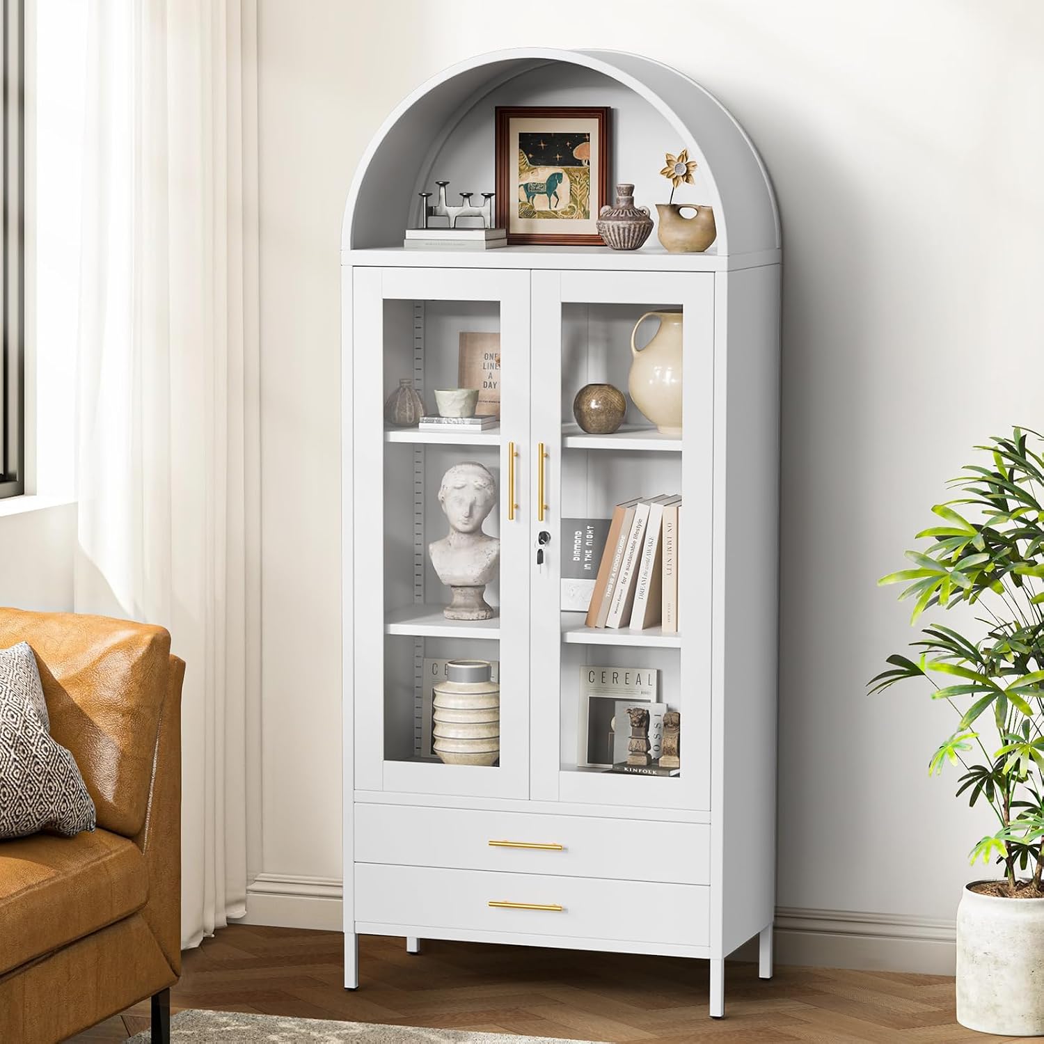 Holiwei Metal Storage Cabinet, 73' Arched Kitchen Pantry Organizer with 2 Drawers & 2 Adjustable Shelves, Freestanding Display Cabinet for Living Room