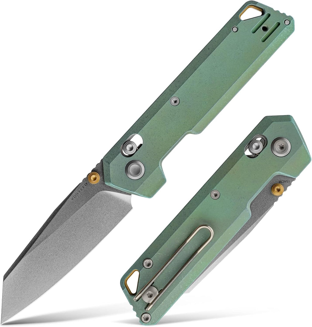 Vosteed Parallel Ultra Thin Folding Pocket Knife - 2.90' 154CM Stonewash Blade, Reverse Tanto - Crossbar Lock, Green Titanium Handle - Surviving, Camping Knives - A3519