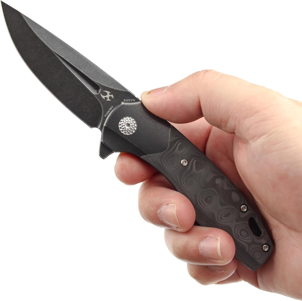 KANSEPT Cassowary Pocket Folding Knives for Men EDC Pocket Knife 2.9'' Black Stonewashed CPM S35VN Blade Folding Knife with Black Stonewashed Titanium Black Rose Pattern Carbon Fiber Handle K2065B3