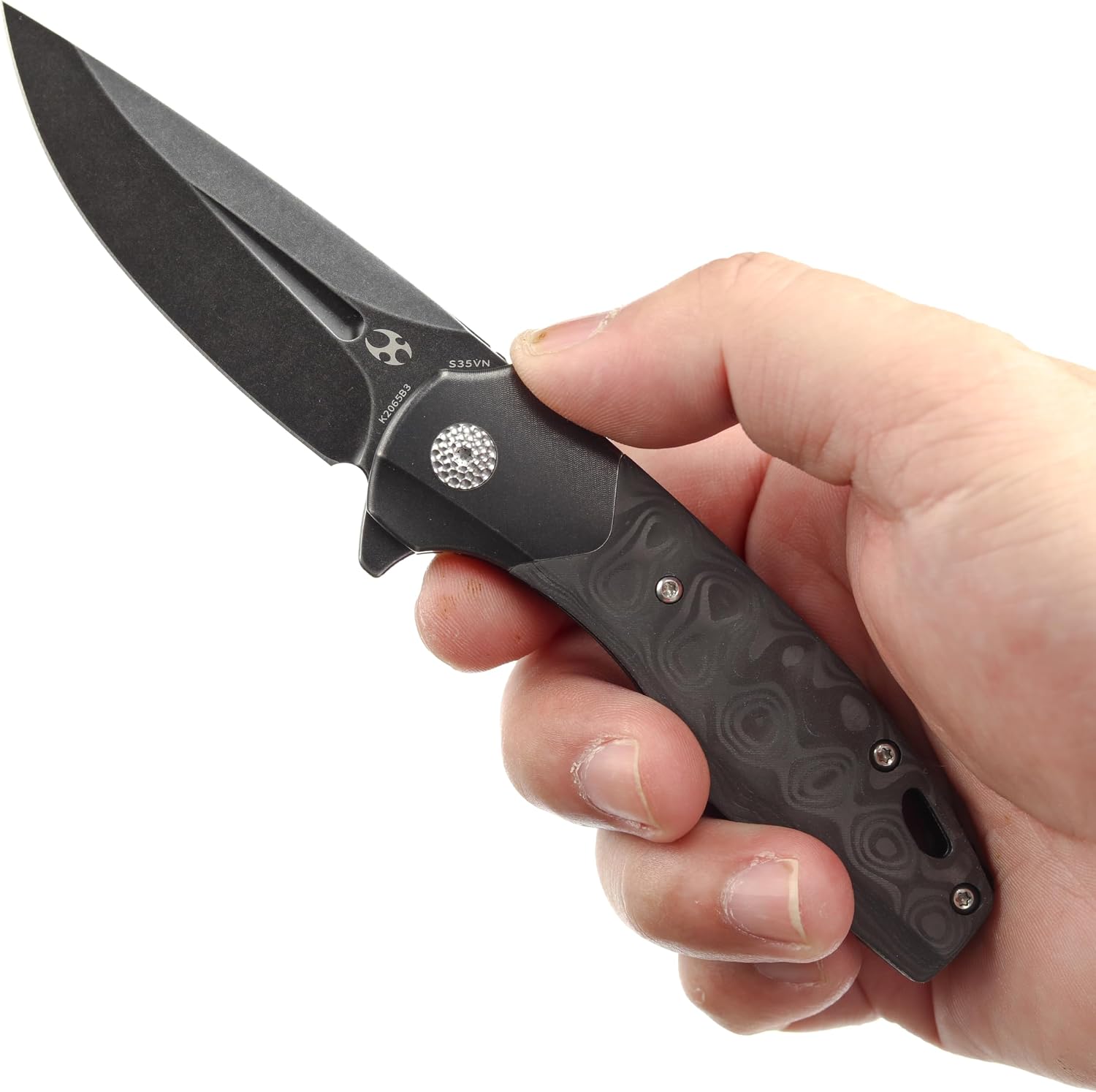 KANSEPT Cassowary Pocket Folding Knives for Men EDC Pocket Knife 2.9'' Black Stonewashed CPM S35VN Blade Folding Knife with Black Stonewashed Titanium Black Rose Pattern Carbon Fiber Handle K2065B3