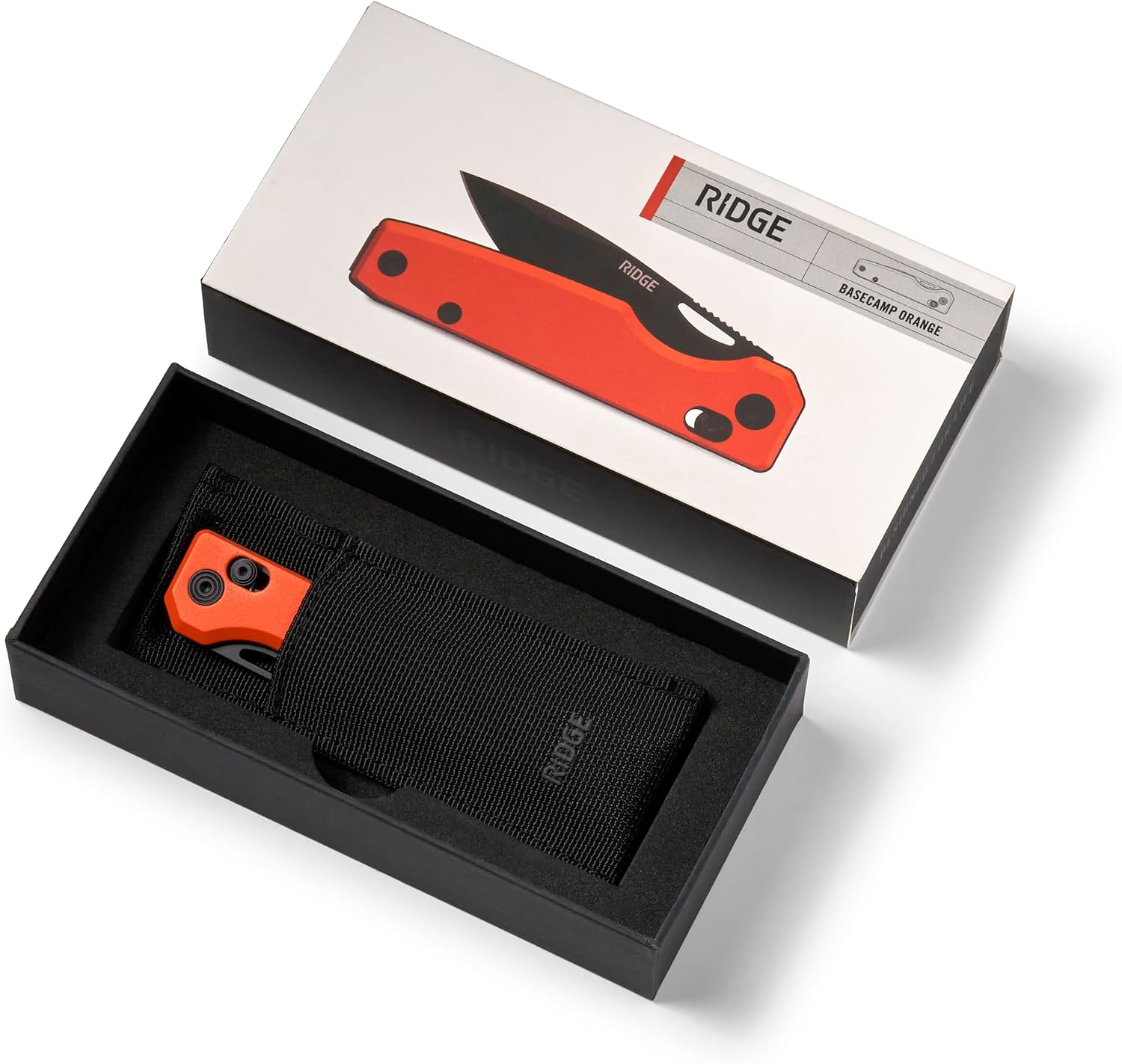 Ridge Everyday Folder Knife - Premium EDC Pocket Knife, Sandvik 14C28N Steel Drop Point Blade with Black DLC Finish, Ceramic Bearings, Deep Carry Clip & Multipurpose Design (Basecamp Orange)