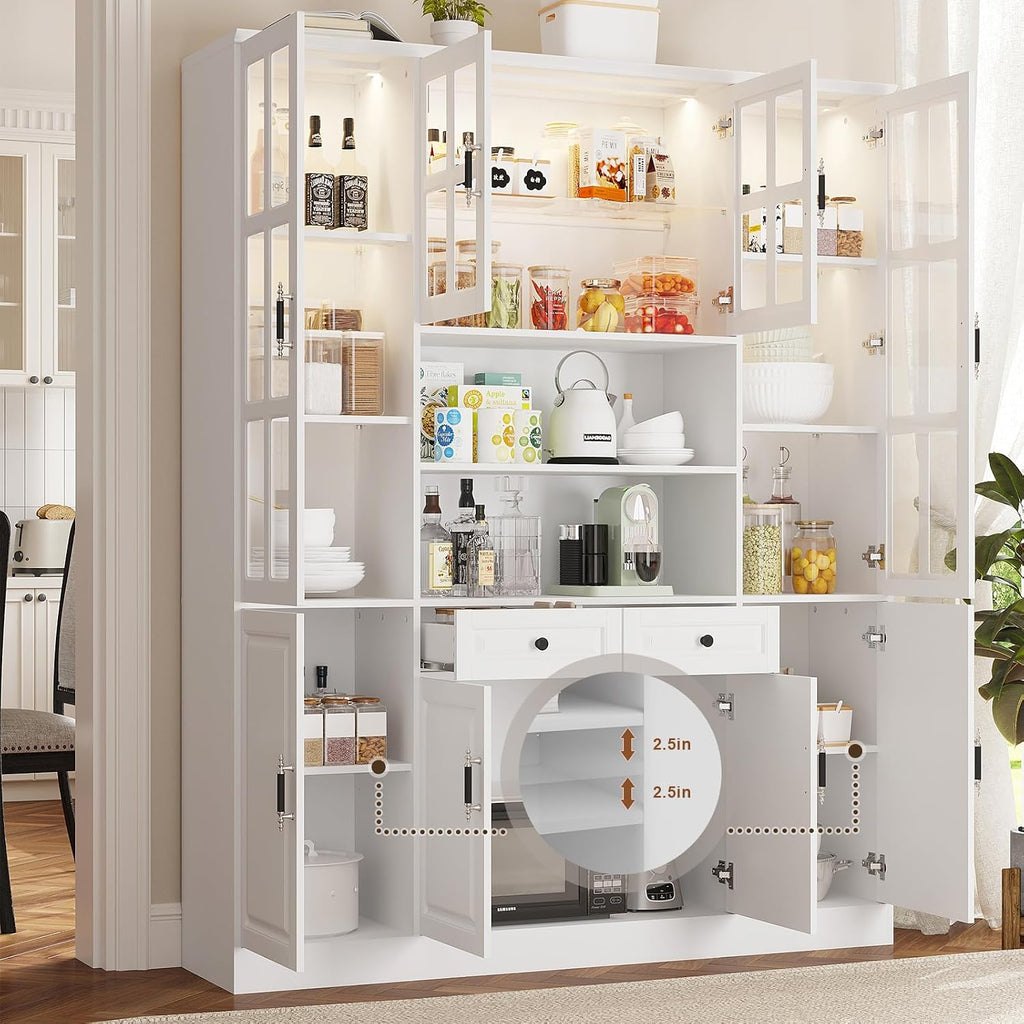 MEISSALIVVE Kitchen Pantry Storage Cabinet with LED Lights, 78.7' Tall with Glass Doors & Drawers, Freestanding Utility Cabinet, White (63' W x 15.7' D)