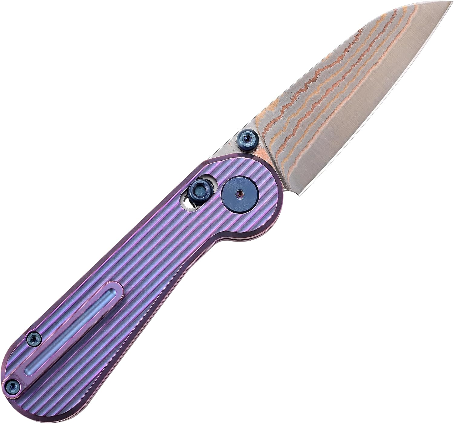 Hightron EdgePlay Premium Fidget Knife 2.64' Copper Damascus Blade and Titanium Handle Tactical EDC Knives with Pocket Clip Axis-Lock for Men Women Lightweight Folding Knife for Outdoor Indoor Purple