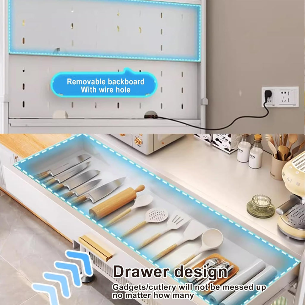 5-Tier Kitchen Baker's Rack with Drawers, Large Metal Coffee Bar Cabinet, Transparent Flip Door, DIY Backplane, 4 Hooks, White, 70CM - Perfect for Organizing and Displaying Kitchen Essential