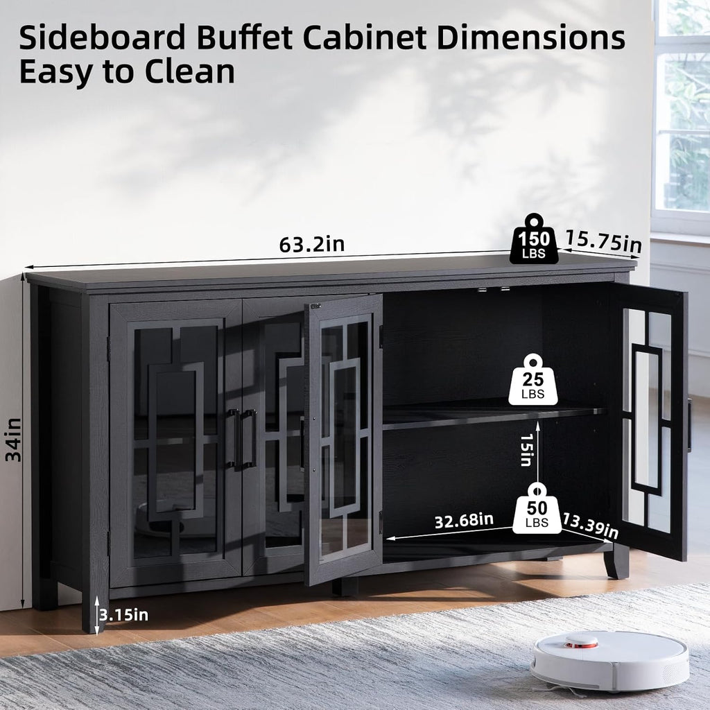 Joaxswe Large Sideboard Buffet Cabinet with Storage, 63' Black Farmhouse Kitchen Coffee Wine Bar Cabinet with 4 Glass Doors, Mid Century Modern Wooden Side Board Table for Dining Room, Living Room