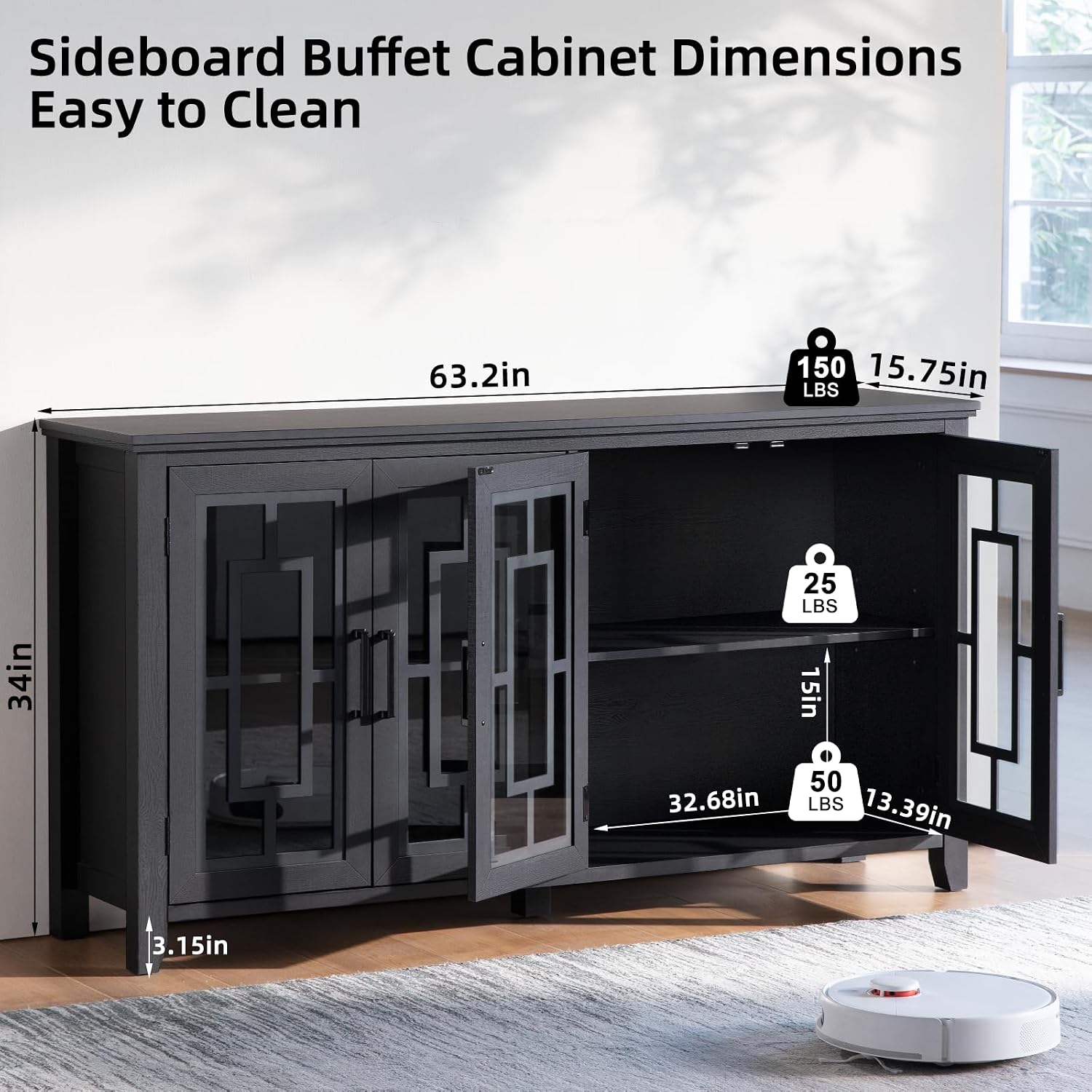 Joaxswe Large Sideboard Buffet Cabinet with Storage, 63' Black Farmhouse Kitchen Coffee Wine Bar Cabinet with 4 Glass Doors, Mid Century Modern Wooden Side Board Table for Dining Room, Living Room