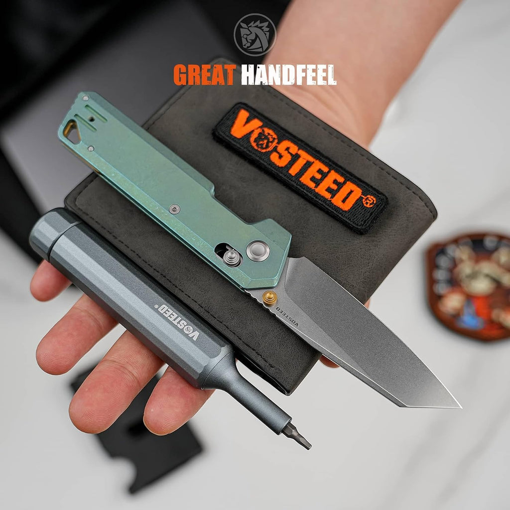 Vosteed Parallel Ultra Thin Folding Pocket Knife - 2.90' 154CM Stonewash Blade, Reverse Tanto - Crossbar Lock, Green Titanium Handle - Surviving, Camping Knives - A3519