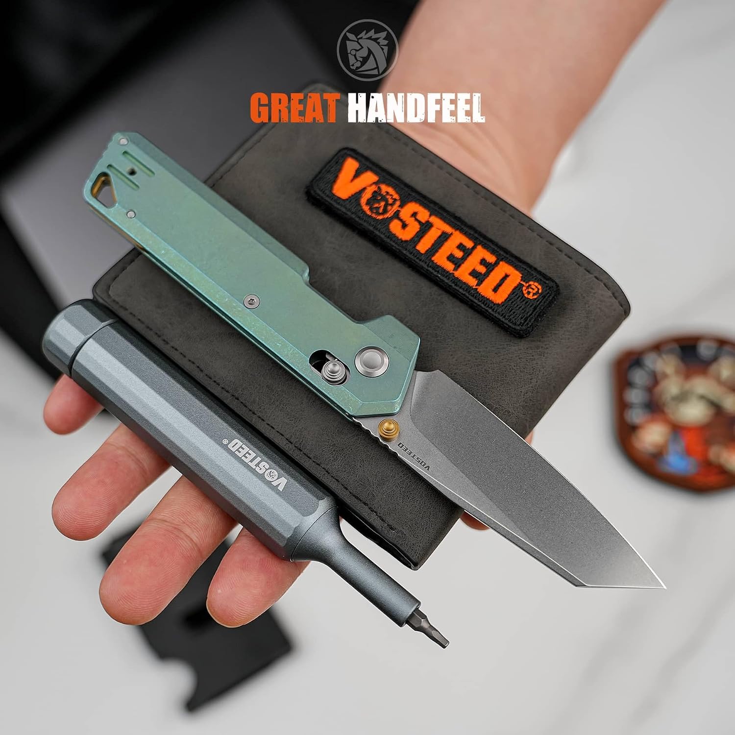 Vosteed Parallel Ultra Thin Folding Pocket Knife - 2.90' 154CM Stonewash Blade, Reverse Tanto - Crossbar Lock, Green Titanium Handle - Surviving, Camping Knives - A3519