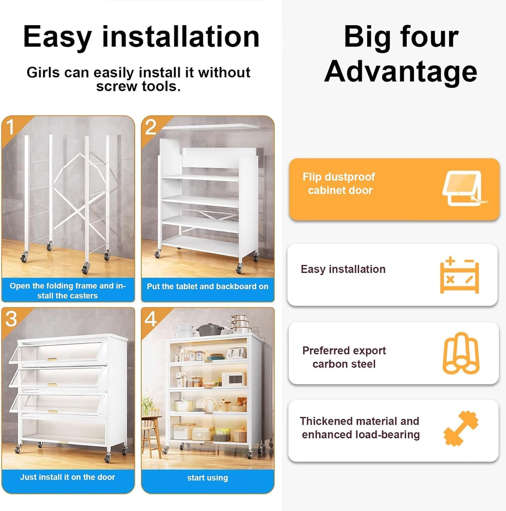 White Bakers Rack with Storage - 4-Layer Kitchen Cabinet, Microwave Stand & Coffee Bar Station for Home, Office, Pantry & Garage, 60cm/24in Flip Door Design