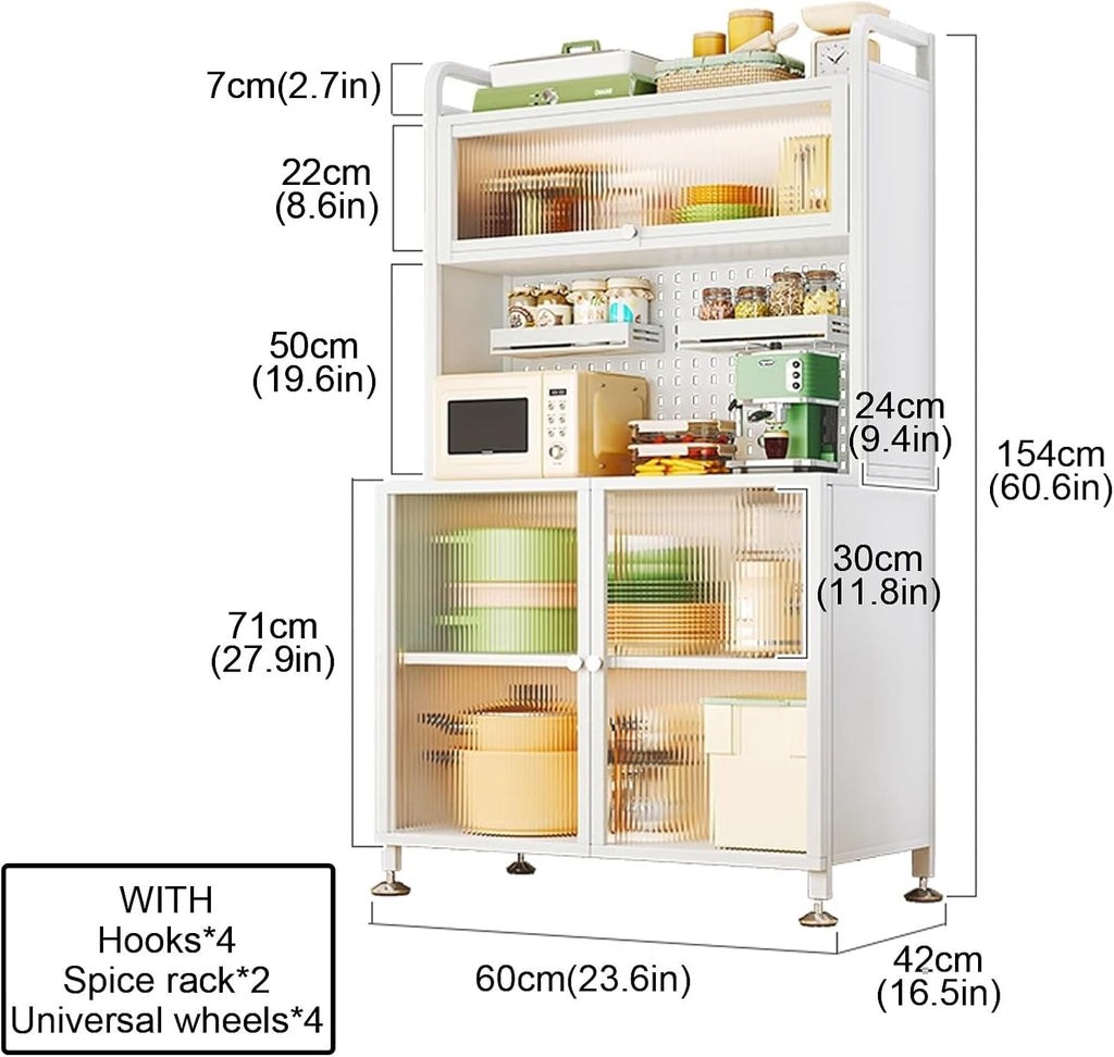Kitchen Coffee Bar Cabinet with Storage, Bar Cabinet with Storage Kitchen Cabinet, with Drawers, 2 Spice Racks + 4 Hooks + 4 Wheels(Black,60cm)