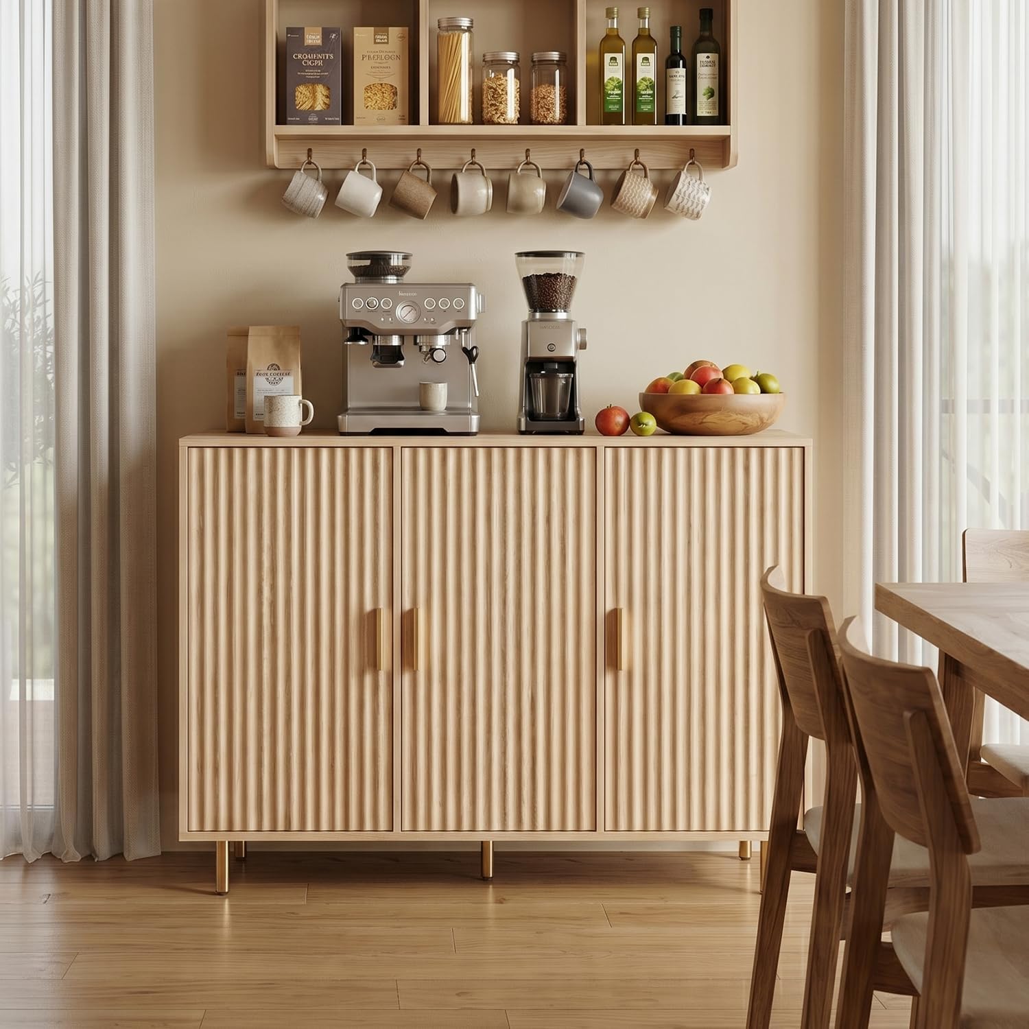 DIYART Oak Sideboard Buffet Cabinet, Accent Coffee Bar Cabinet with 3 Doors, Entryway Cabinet for Living Room, Kitchen, Hallway