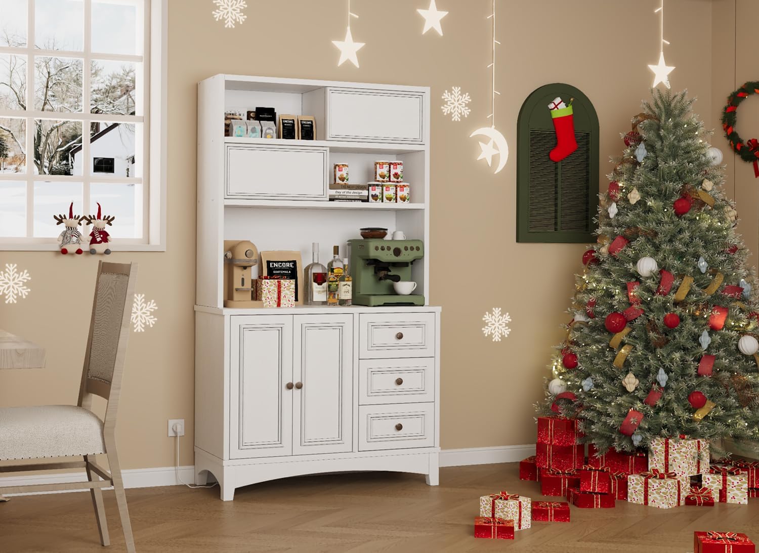 BLANKSPACE 71' Tall Kitchen Pantry Cabinet with Microwave Shelf Built-in Charging Station, Sliding Door Cabinet with Drawer Storage Organizer/Adjustable Shelves for Dining Room, Living Room