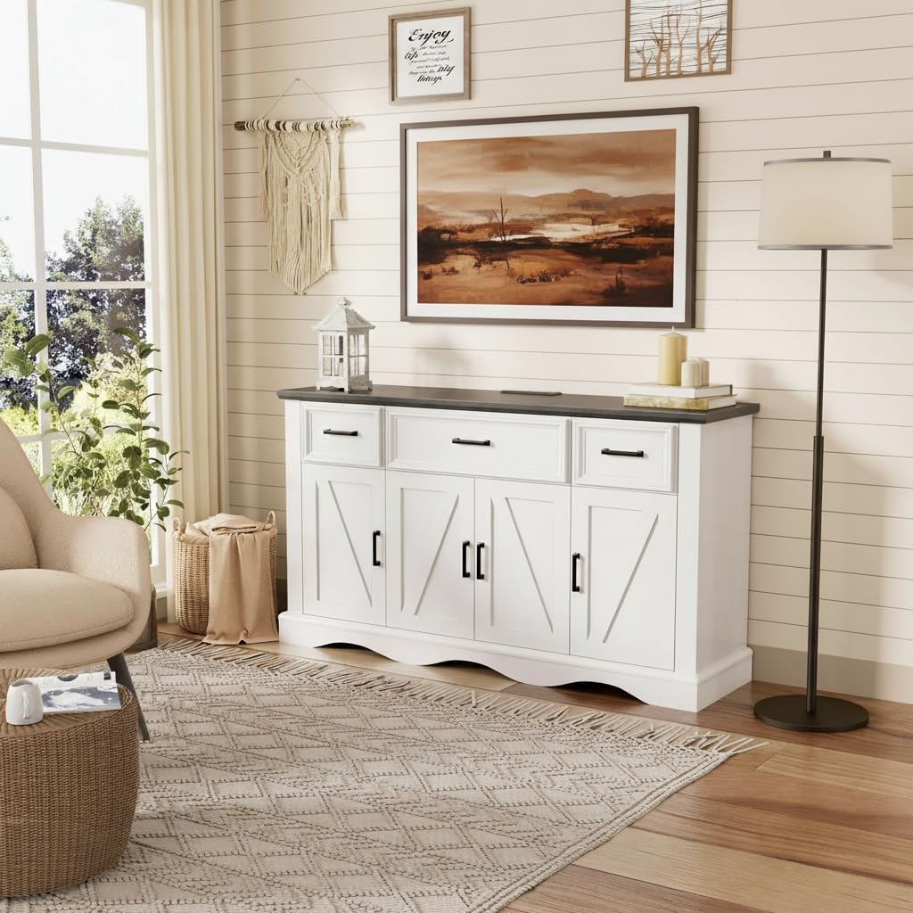 56' Buffet Cabinet Sideboard with Storage: Built-in Charging Station, Farmhouse Wood Coffee Wine Bar, Furniture with Drawers and Doors for Kitchen, Dining Room, Living Room, White