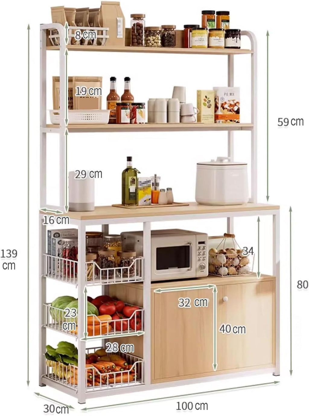 Bakers Rack with Cabinet Made of Density Board with Steel Tubes Large Kitchen Baker's Rack with Wire Basket for Utensils, Pots, Pans, Spices Various Styles(B,100 * 30 * 139CM)