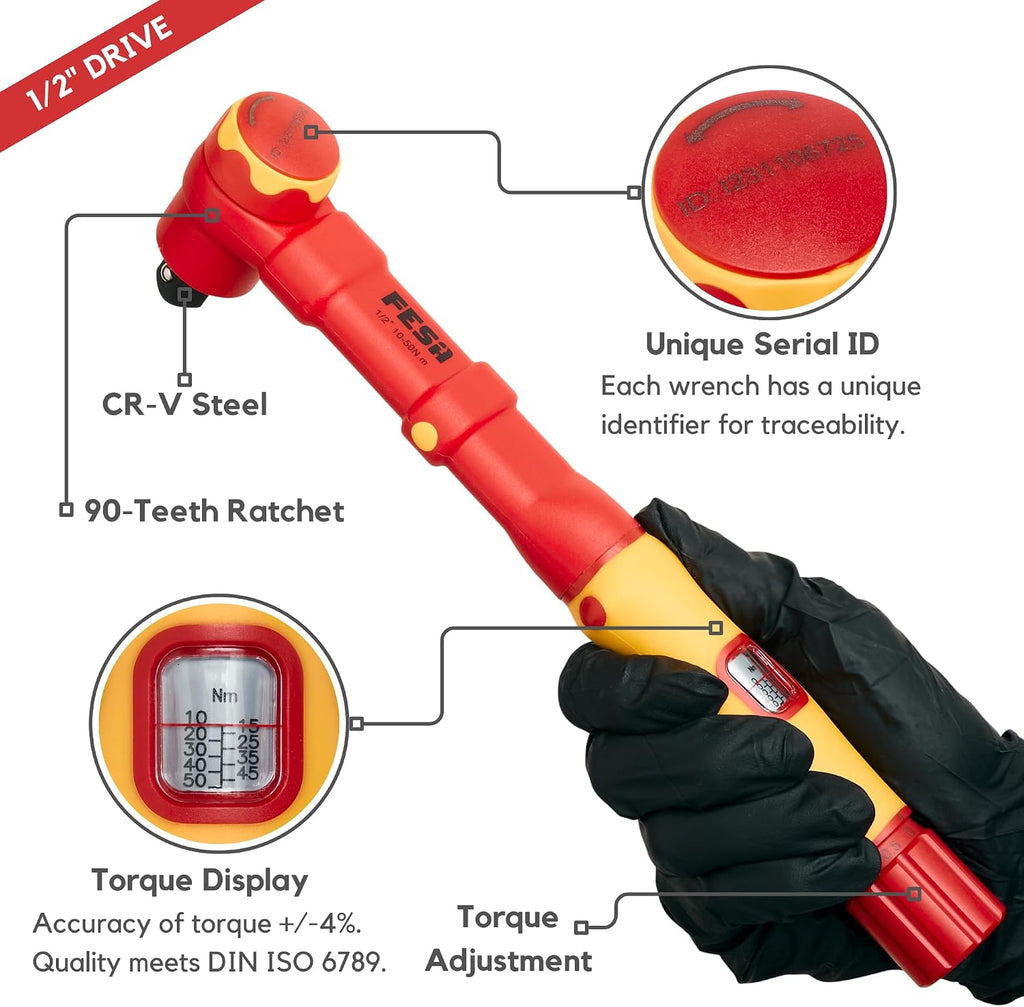 FESA Electrician Insulated Torque Wrench - 1000V Electrician Torque Wrench w/Easy Torque Adjustment & Scale Display - Each Insulated Wrench Has ID for Traceability (1/2' Drive, 10-50 Nm Range)