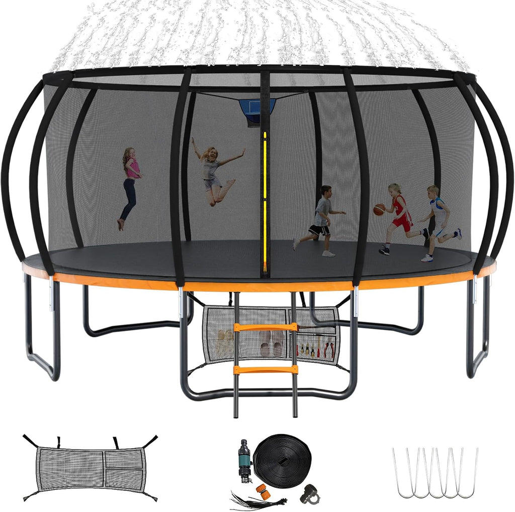 12FT 14FT Trampoline for Adults/Kids - Outdoor Trampoline with Basketball Hoop, Curved Poles, Enclosure Net and Ladder, Heavy Duty Recreational Trampoline, ASTM Approval